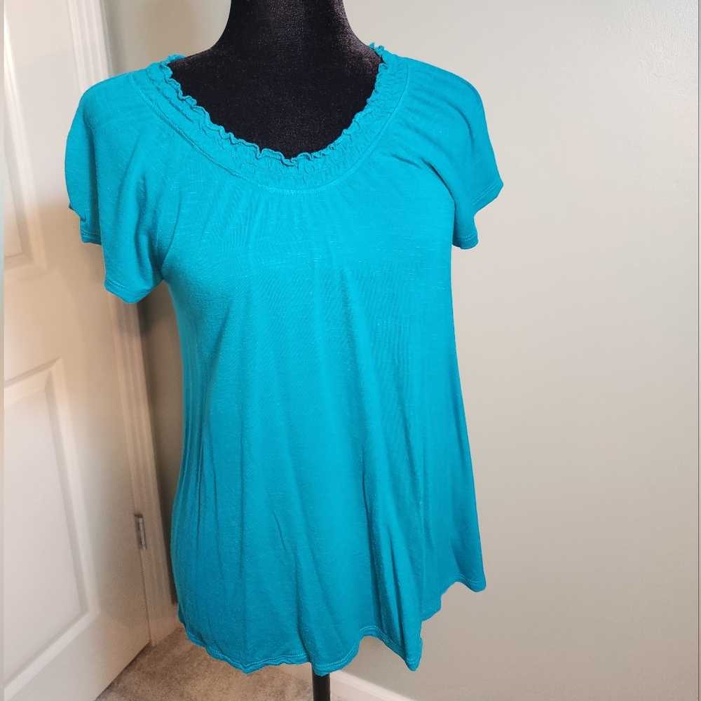 😀  3 For $15 Indigo Teal Flutter Sleeve Ruched Blouse